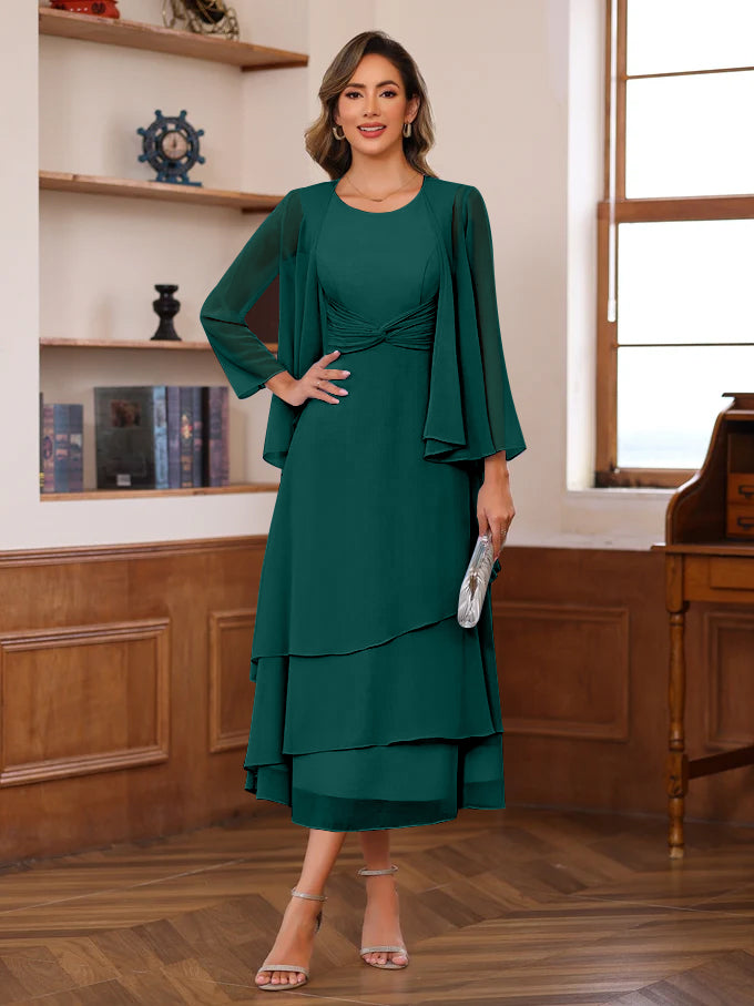 A Line 2 Piece Tea Length Mother of the Bride Dress with Scoop Neck Ruffles & Jacket