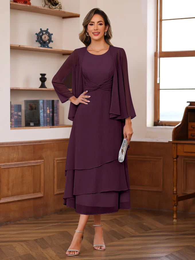 A Line 2 Piece Tea Length Mother of the Bride Dress with Scoop Neck Ruffles & Jacket