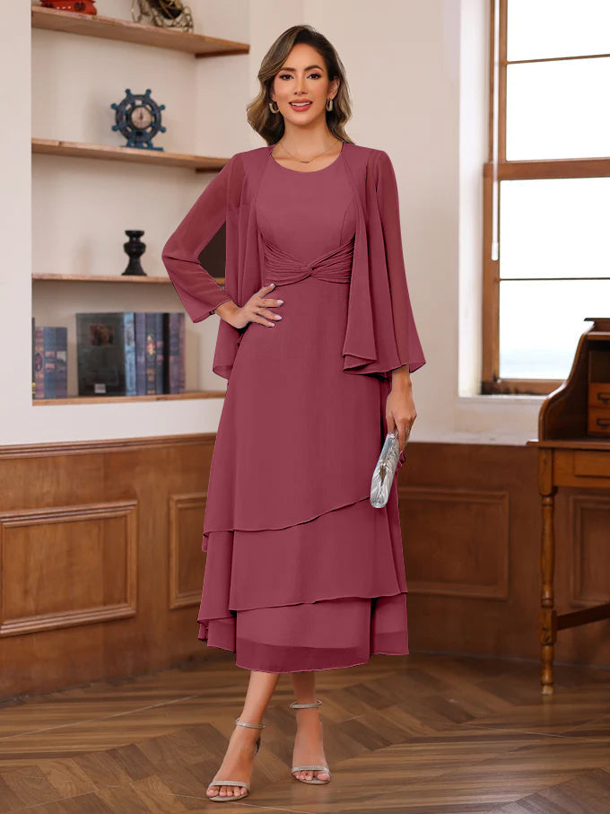 A Line 2 Piece Tea Length Mother of the Bride Dress with Scoop Neck Ruffles & Jacket