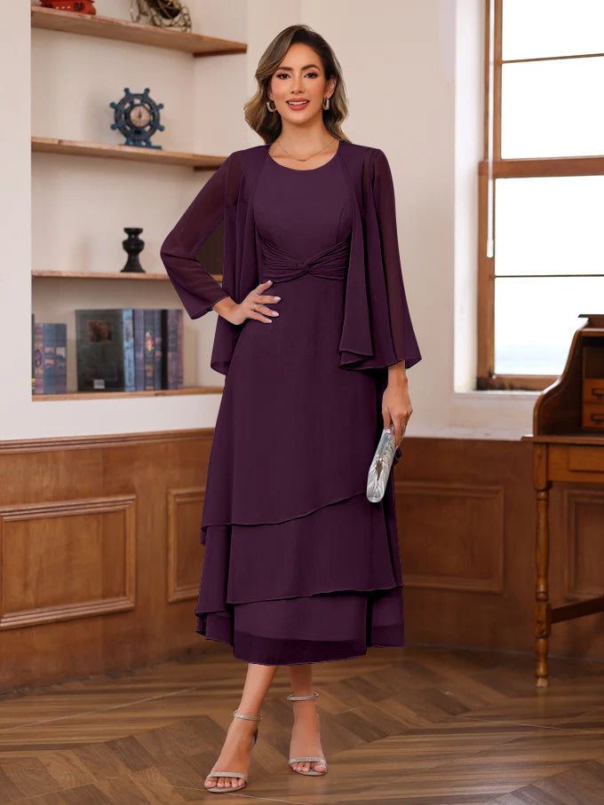 A Line 2 Piece Tea Length Mother of the Bride Dress with Scoop Neck Ruffles & Jacket