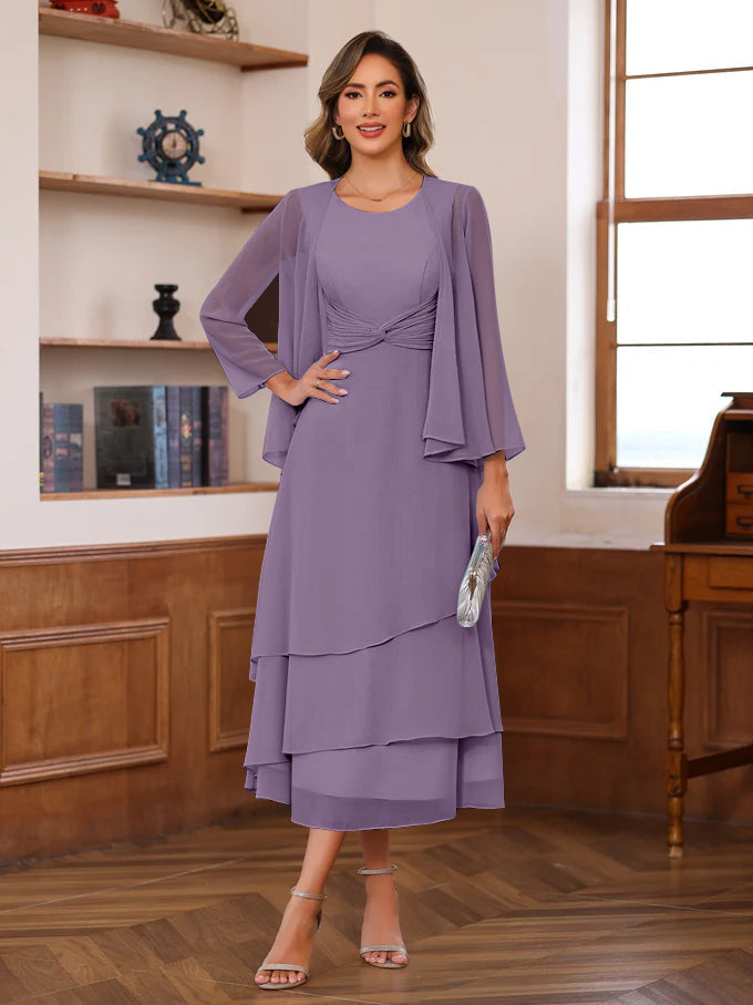 A Line 2 Piece Tea Length Mother of the Bride Dress with Scoop Neck Ruffles & Jacket