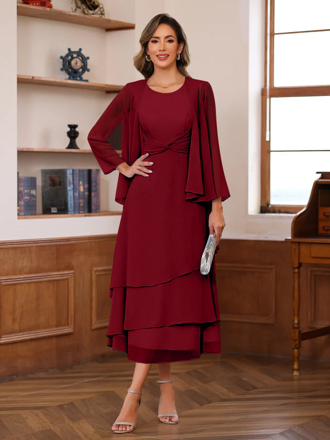 A Line 2 Piece Tea Length Mother of the Bride Dress with Scoop Neck Ruffles & Jacket