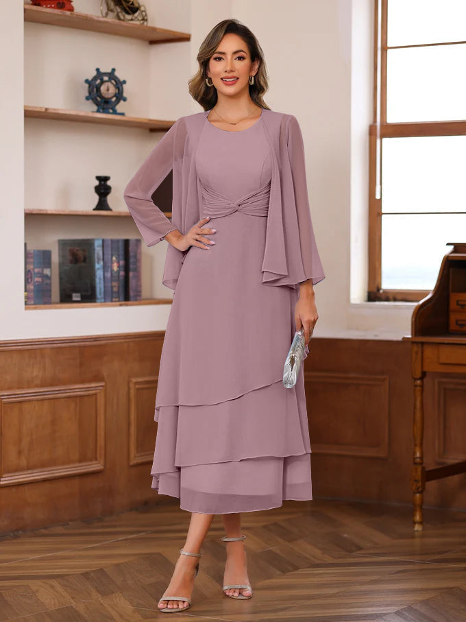 A Line 2 Piece Tea Length Mother of the Bride Dress with Scoop Neck Ruffles & Jacket