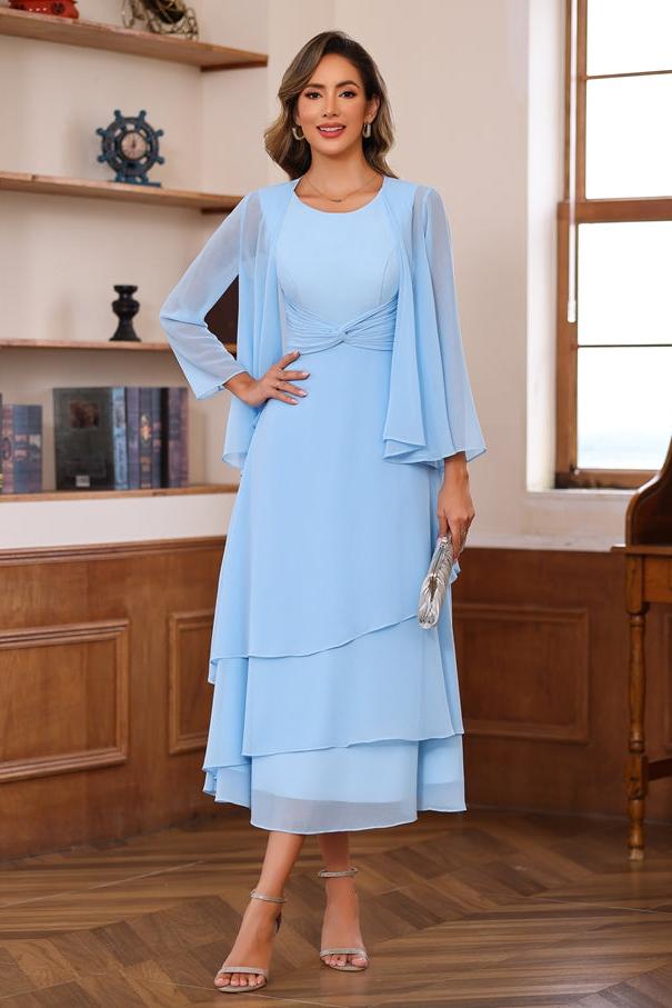A Line 2 Piece Tea Length Mother of the Bride Dress with Scoop Neck Ruffles & Jacket