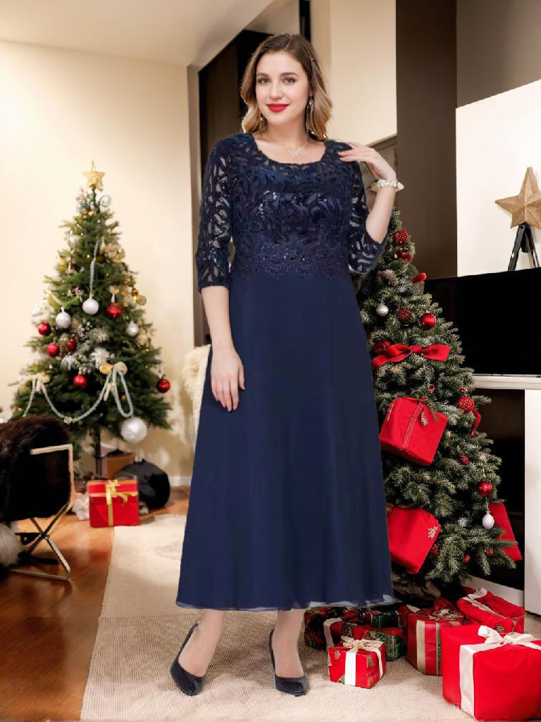 A Line Ankle Length Plus Size Mother of the Bride Dress with Scoop 3/4 Sleeves and Appliques