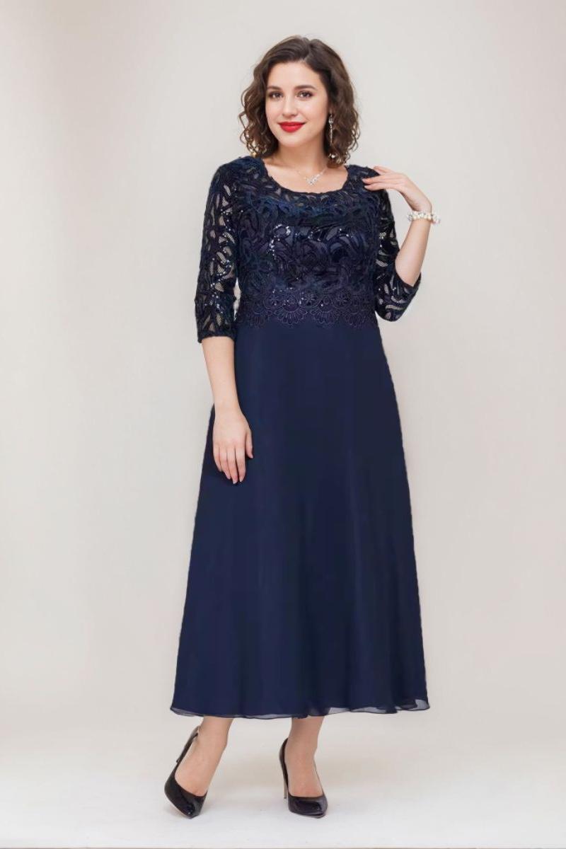 A Line Ankle Length Plus Size Mother of the Bride Dress with Scoop 3/4 Sleeves and Appliques