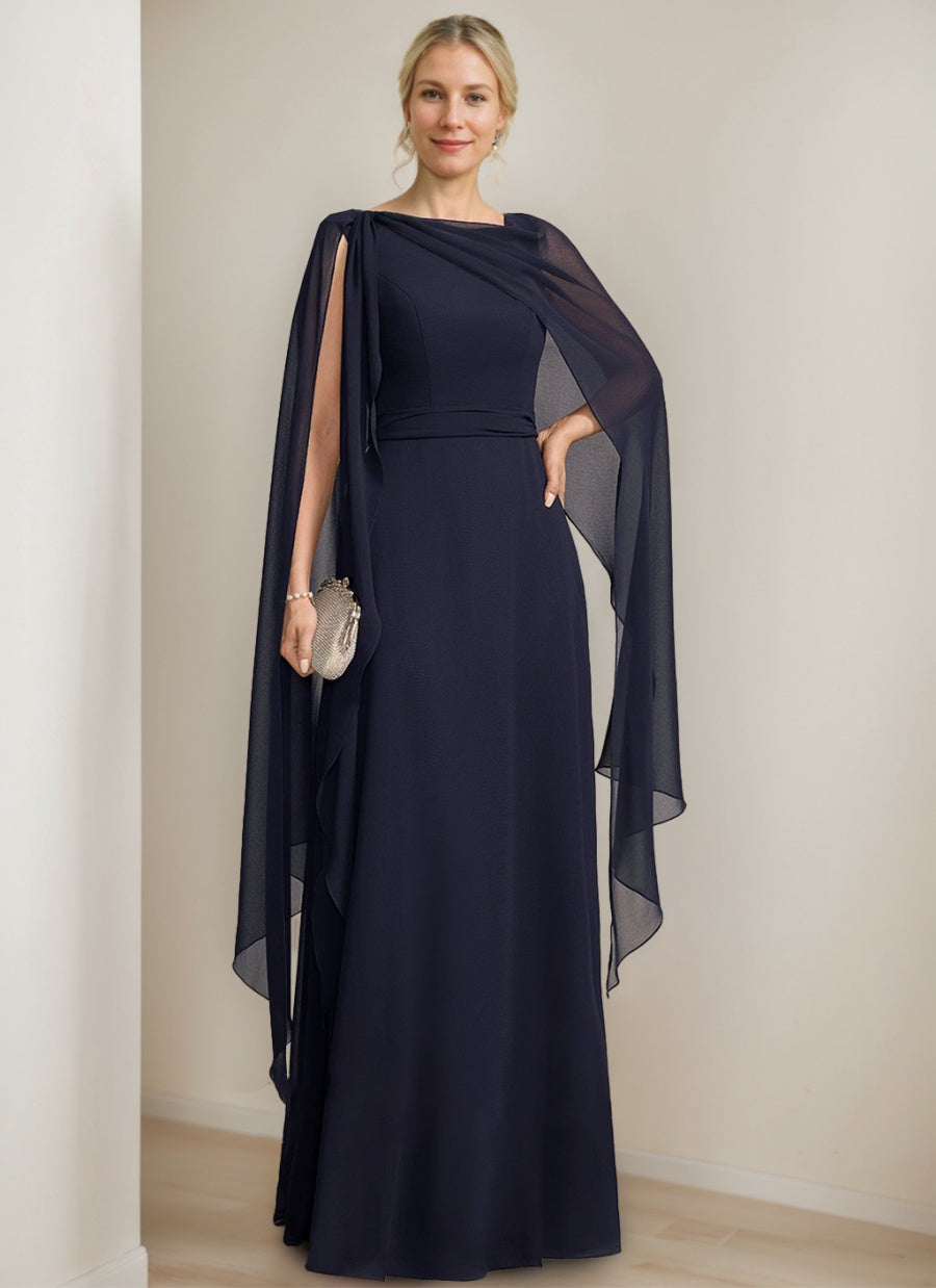 A Line Long Mother of the Bride Dress with Cape Sleeves Bow and Ruffles