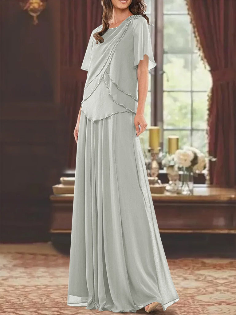 A Line Long Mother of the Bride Dress with Jewel Neck Short Sleeves Pleats & Beading