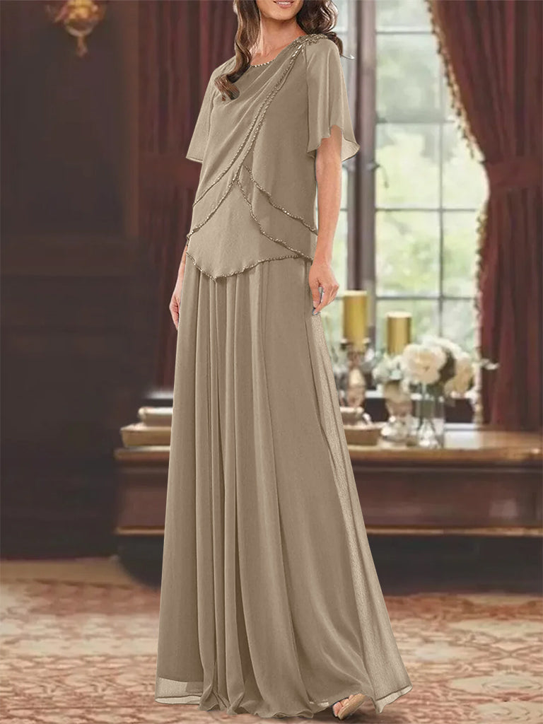 A Line Long Mother of the Bride Dress with Jewel Neck Short Sleeves Pleats & Beading