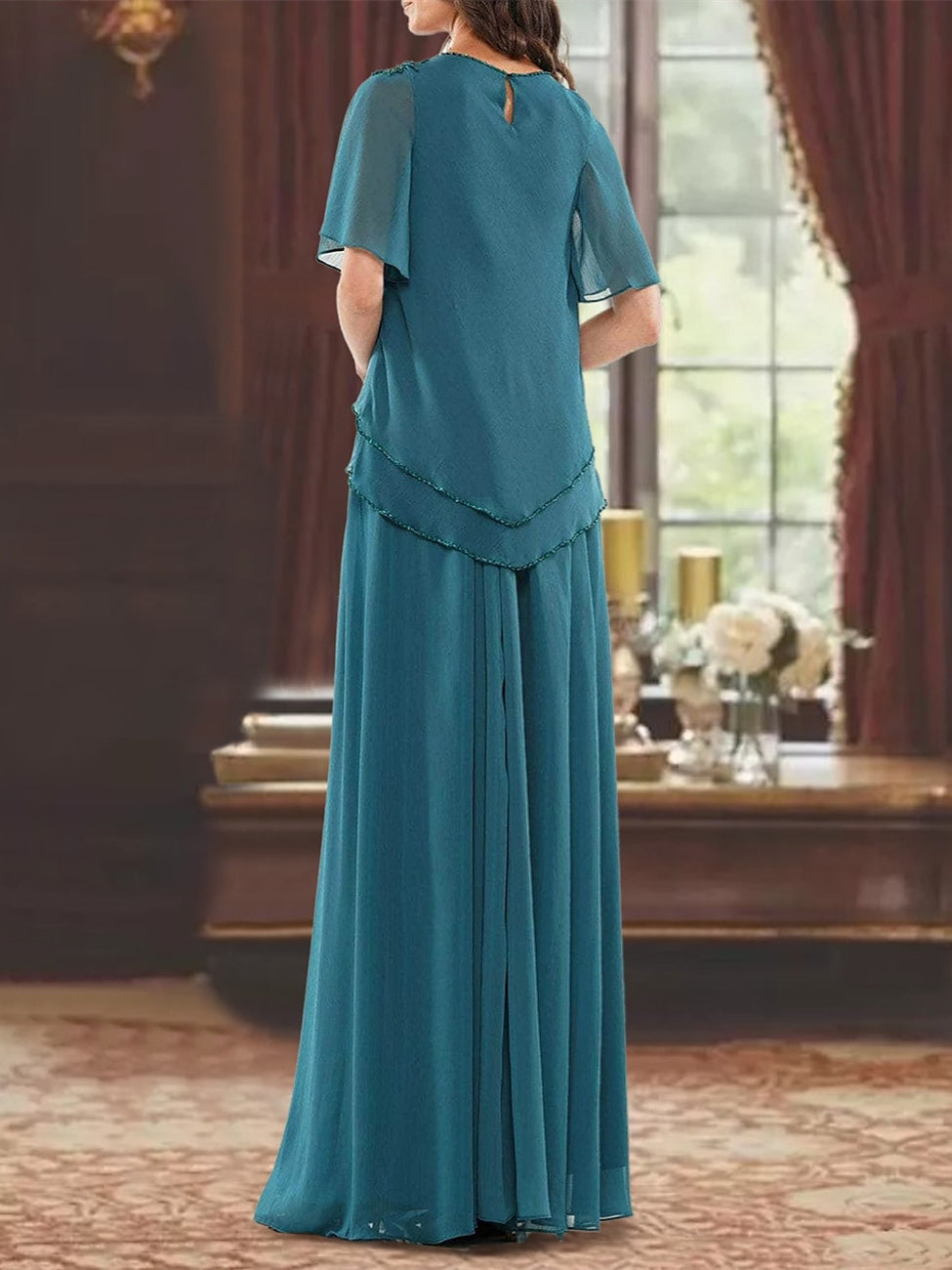 A Line Long Mother of the Bride Dress with Jewel Neck Short Sleeves Pleats & Beading