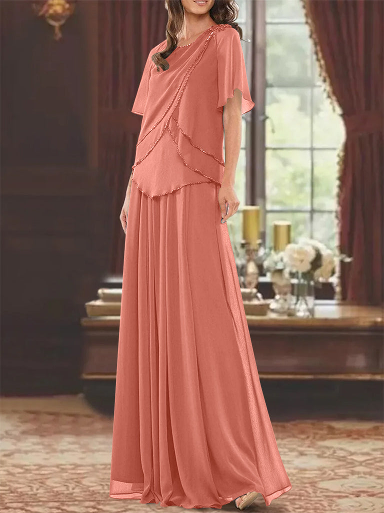 A Line Long Mother of the Bride Dress with Jewel Neck Short Sleeves Pleats & Beading