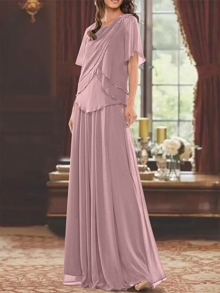 A Line Long Mother of the Bride Dress with Jewel Neck Short Sleeves Pleats & Beading