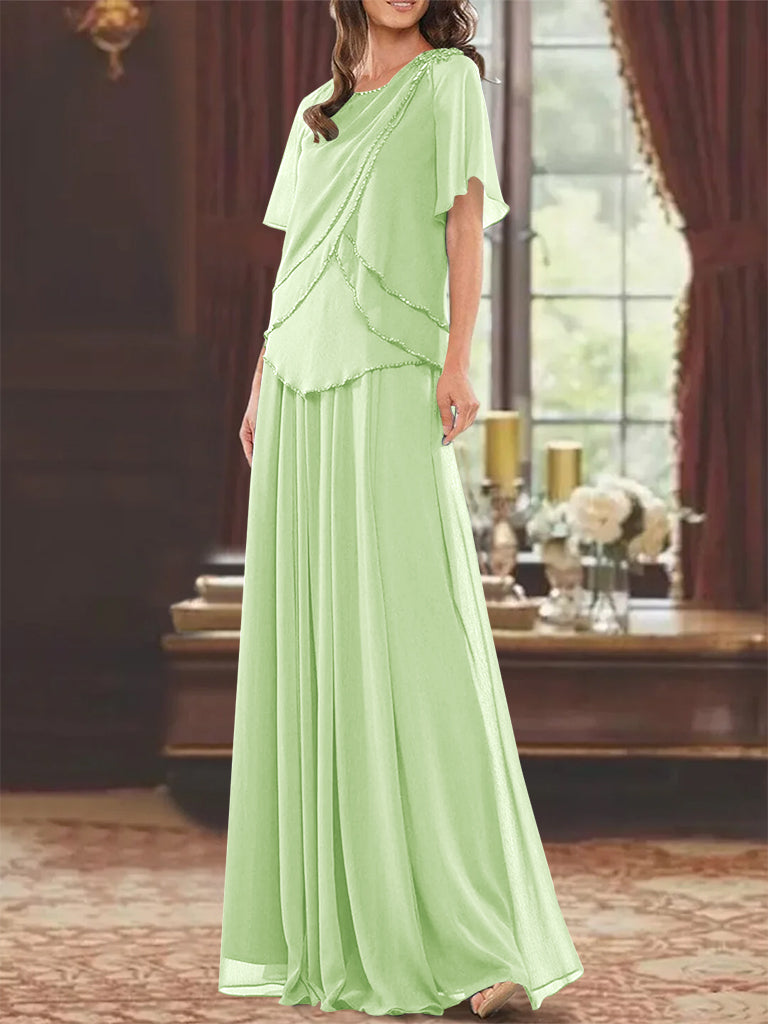 A Line Long Mother of the Bride Dress with Jewel Neck Short Sleeves Pleats & Beading