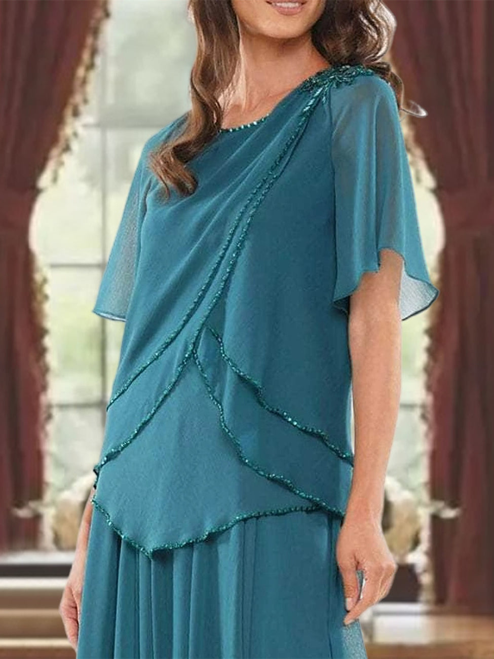 A Line Long Mother of the Bride Dress with Jewel Neck Short Sleeves Pleats & Beading