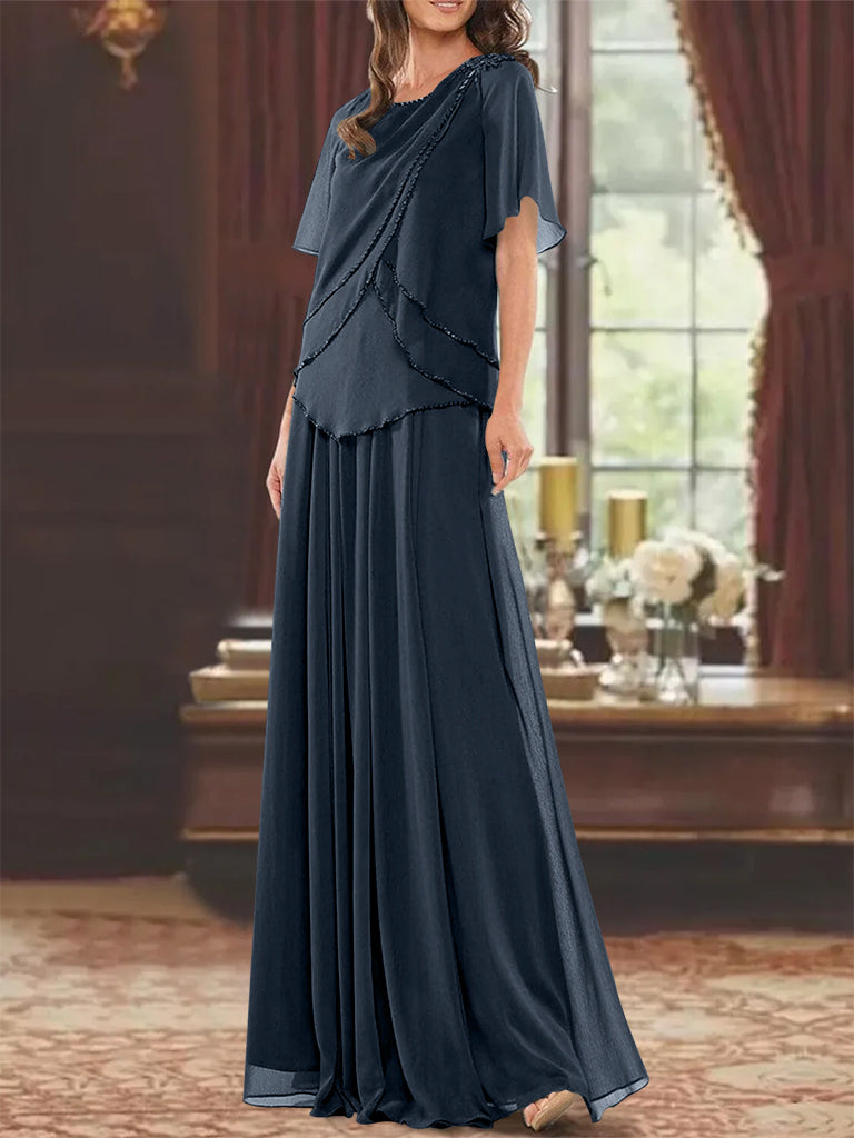 A Line Long Mother of the Bride Dress with Jewel Neck Short Sleeves Pleats & Beading
