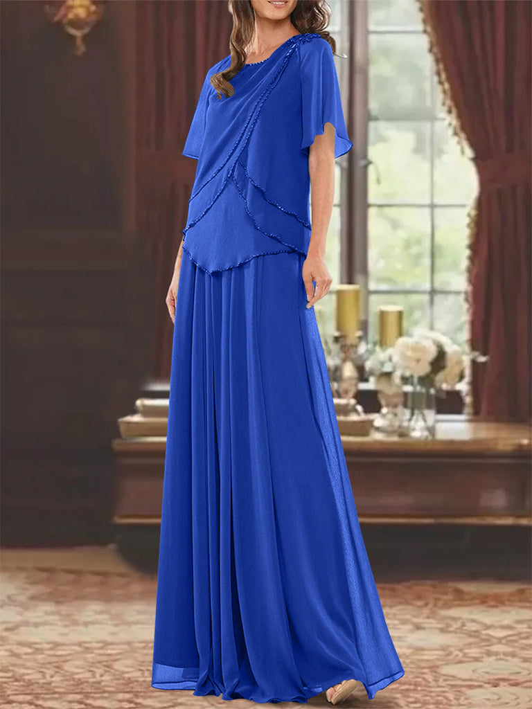 A Line Long Mother of the Bride Dress with Jewel Neck Short Sleeves Pleats & Beading