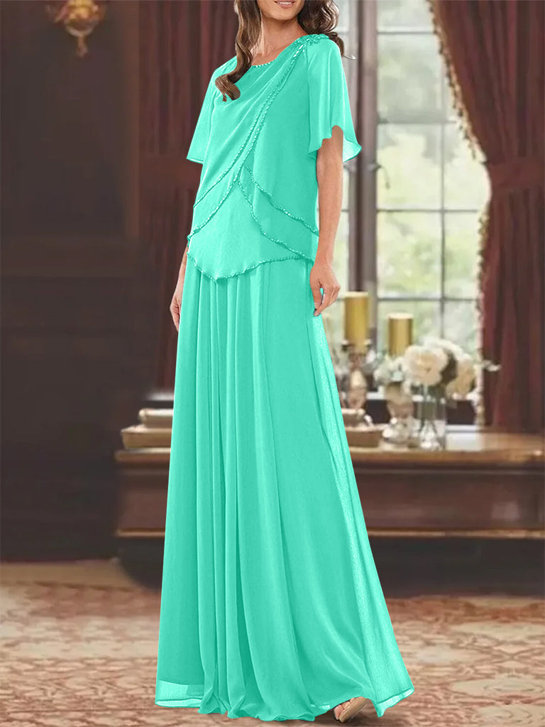 A Line Long Mother of the Bride Dress with Jewel Neck Short Sleeves Pleats & Beading