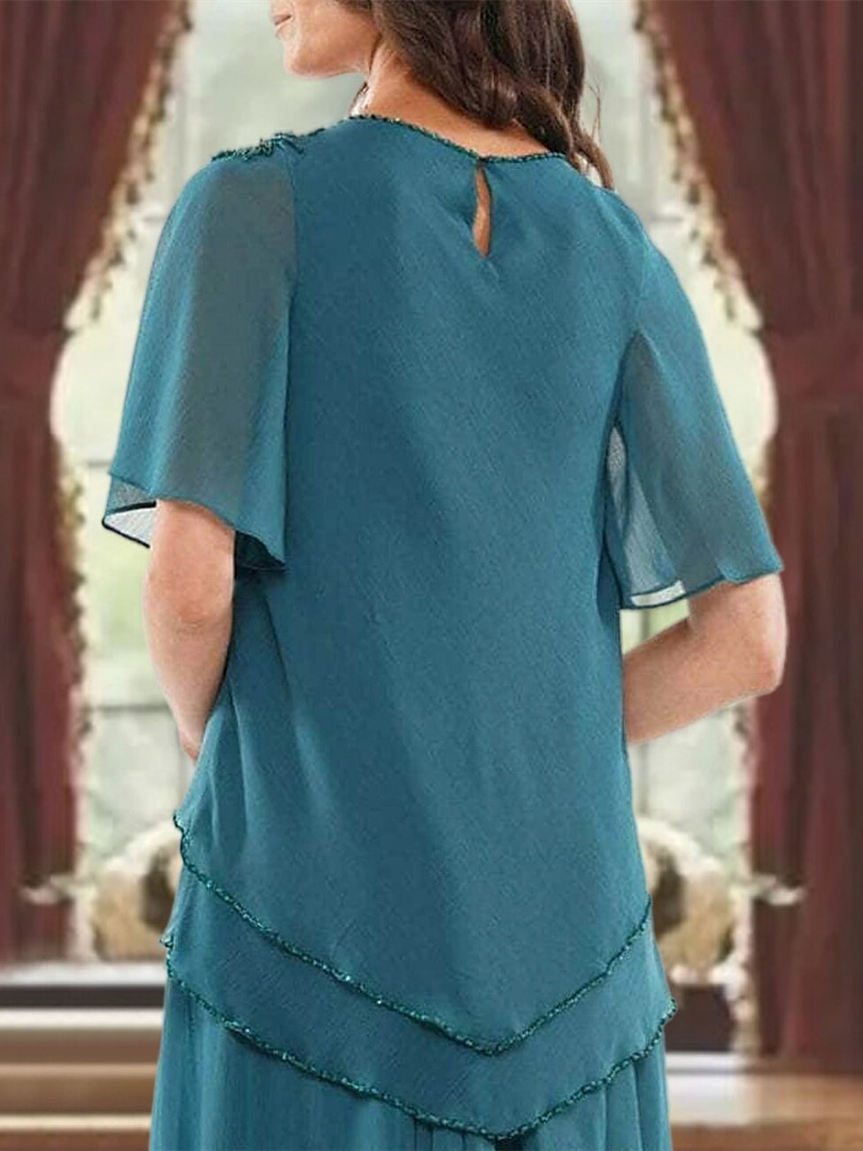 A Line Long Mother of the Bride Dress with Jewel Neck Short Sleeves Pleats & Beading