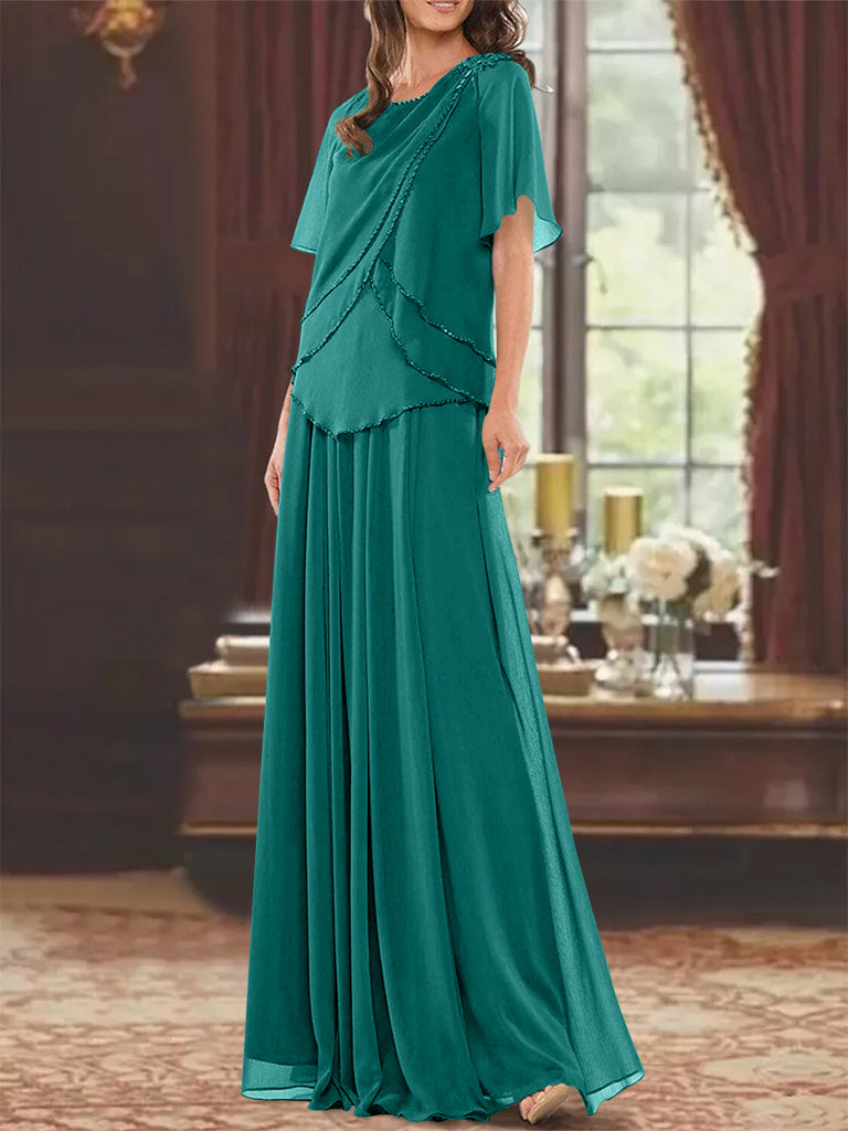 A Line Long Mother of the Bride Dress with Jewel Neck Short Sleeves Pleats & Beading