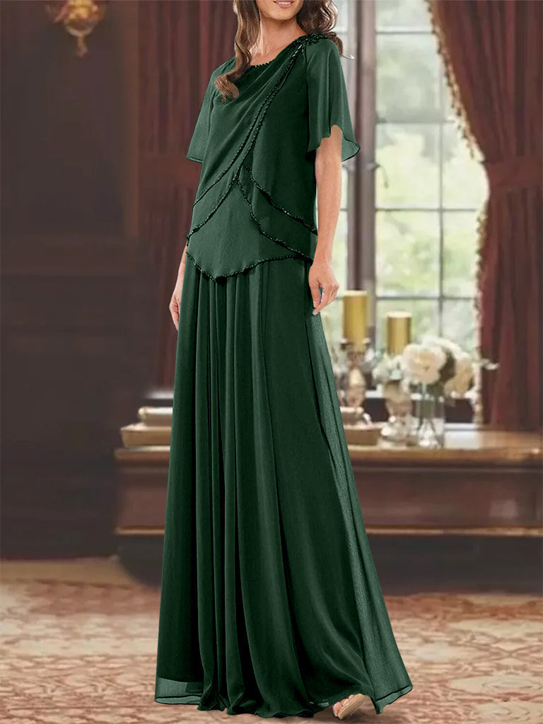 A Line Long Mother of the Bride Dress with Jewel Neck Short Sleeves Pleats & Beading