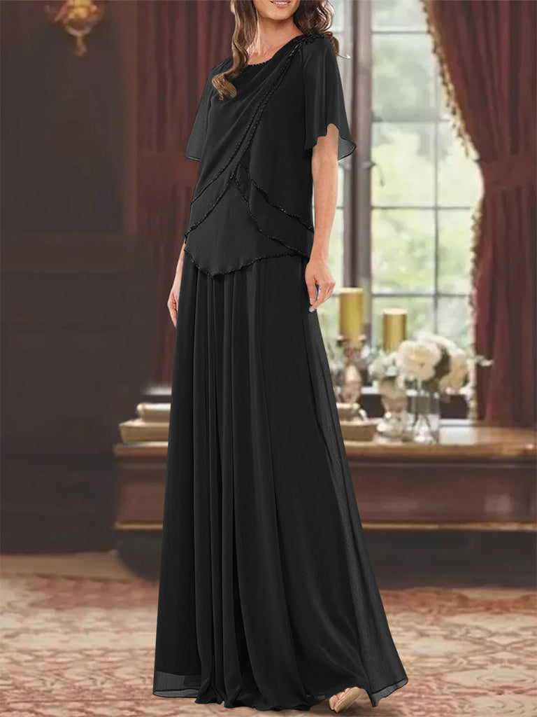 A Line Long Mother of the Bride Dress with Jewel Neck Short Sleeves Pleats & Beading