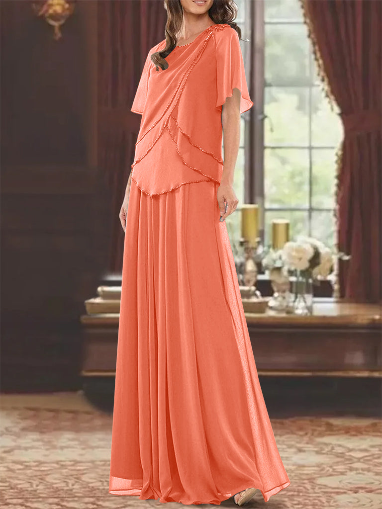 A Line Long Mother of the Bride Dress with Jewel Neck Short Sleeves Pleats & Beading