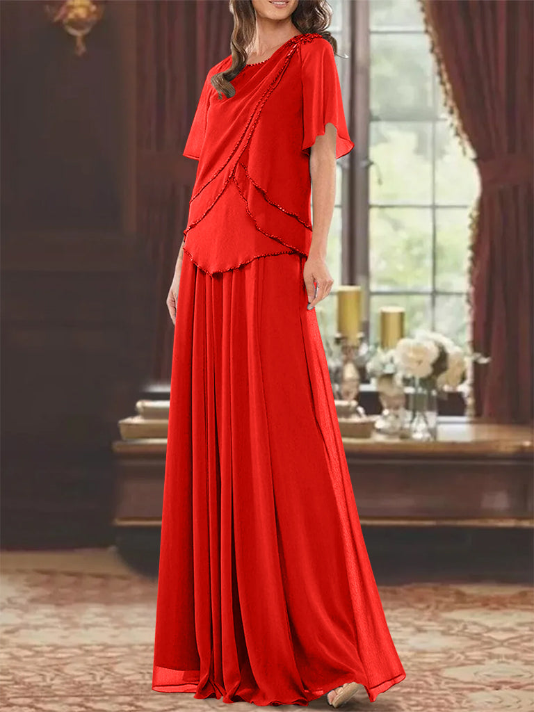 A Line Long Mother of the Bride Dress with Jewel Neck Short Sleeves Pleats & Beading