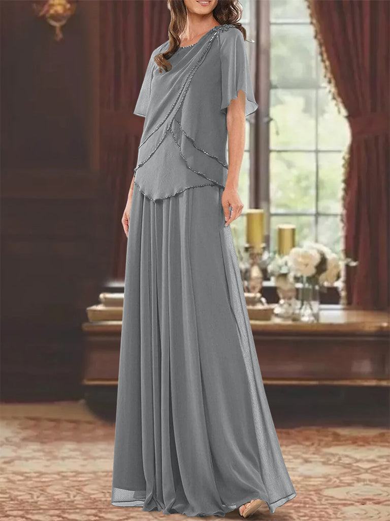 A Line Long Mother of the Bride Dress with Jewel Neck Short Sleeves Pleats & Beading