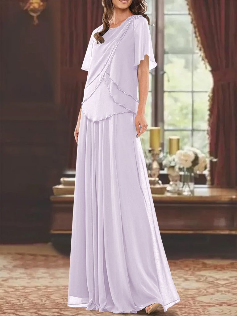 A Line Long Mother of the Bride Dress with Jewel Neck Short Sleeves Pleats & Beading