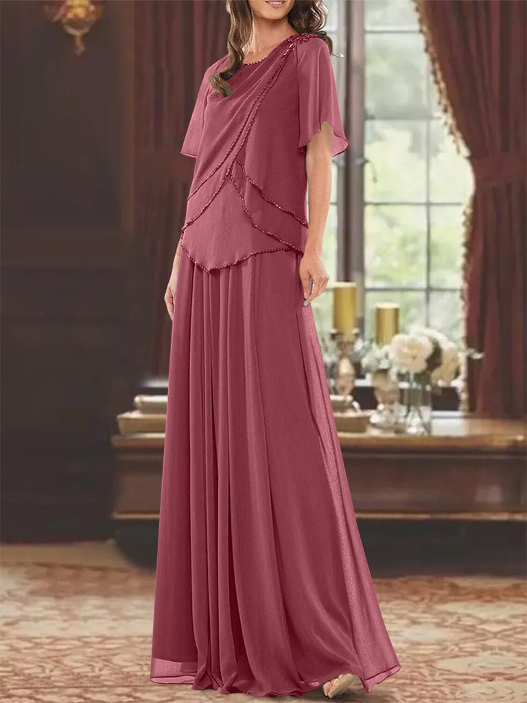 A Line Long Mother of the Bride Dress with Jewel Neck Short Sleeves Pleats & Beading