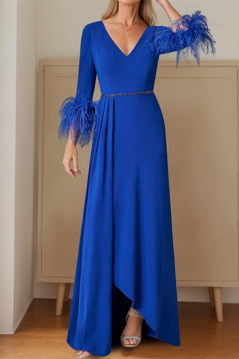 A Line Long Mother of the Bride Dress with Plunging Neckline and 3/4 Sleeves