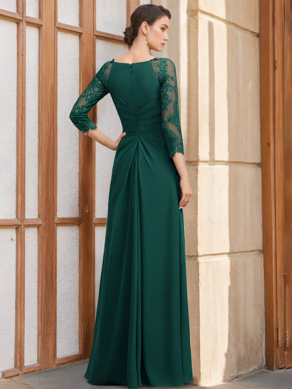 A Line Long Mother of the Bride Dress with Scoop Neck 3/4 Sleeves Sequins Ruffles & Appliques