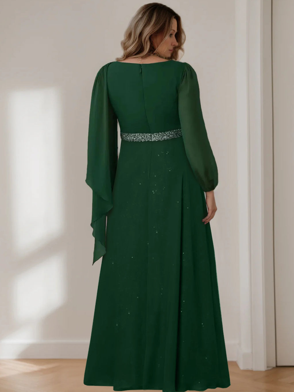 A Line Long Plus Size Mother of the Bride Gown with Scoop Neck and Long Sequined Sleeves