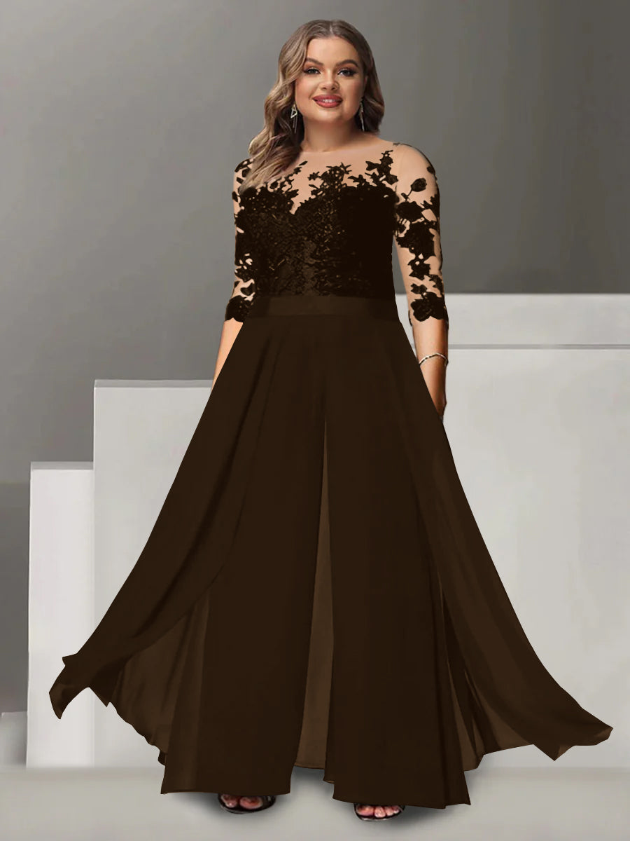 A Line Long Plus Size Mother of the Bride Pantsuit with Applique and 3/4 Sleeves Jewel Neck