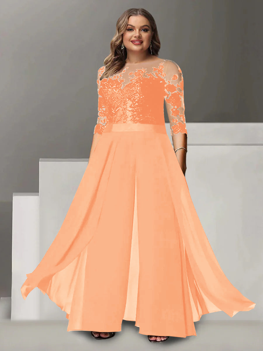A Line Long Plus Size Mother of the Bride Pantsuit with Applique and 3/4 Sleeves Jewel Neck