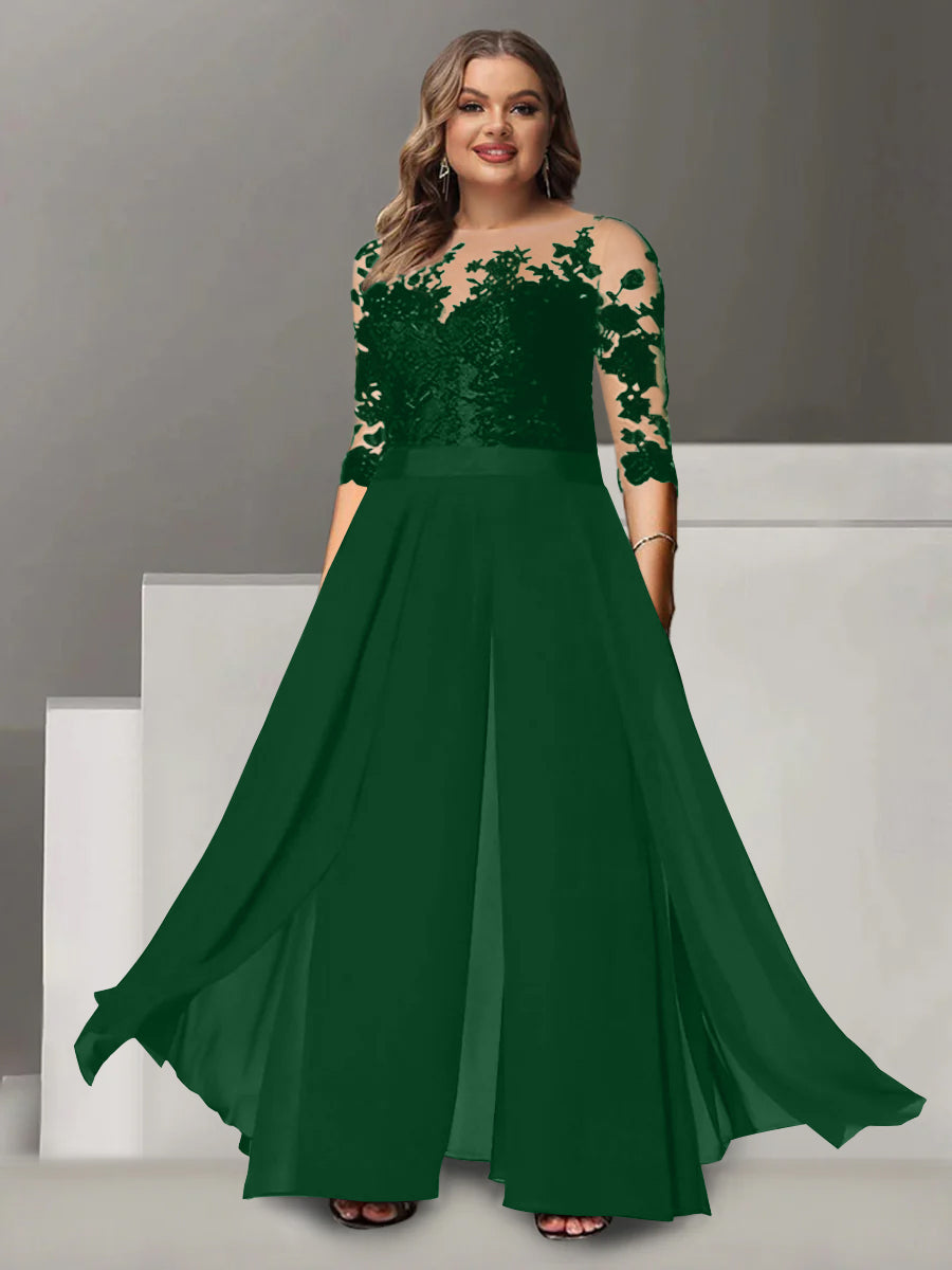 A Line Long Plus Size Mother of the Bride Pantsuit with Applique and 3/4 Sleeves Jewel Neck