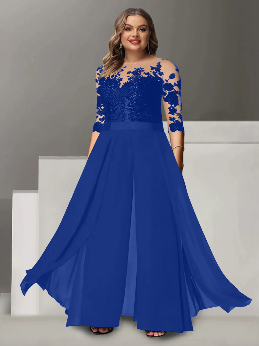 A Line Long Plus Size Mother of the Bride Pantsuit with Applique and 3/4 Sleeves Jewel Neck
