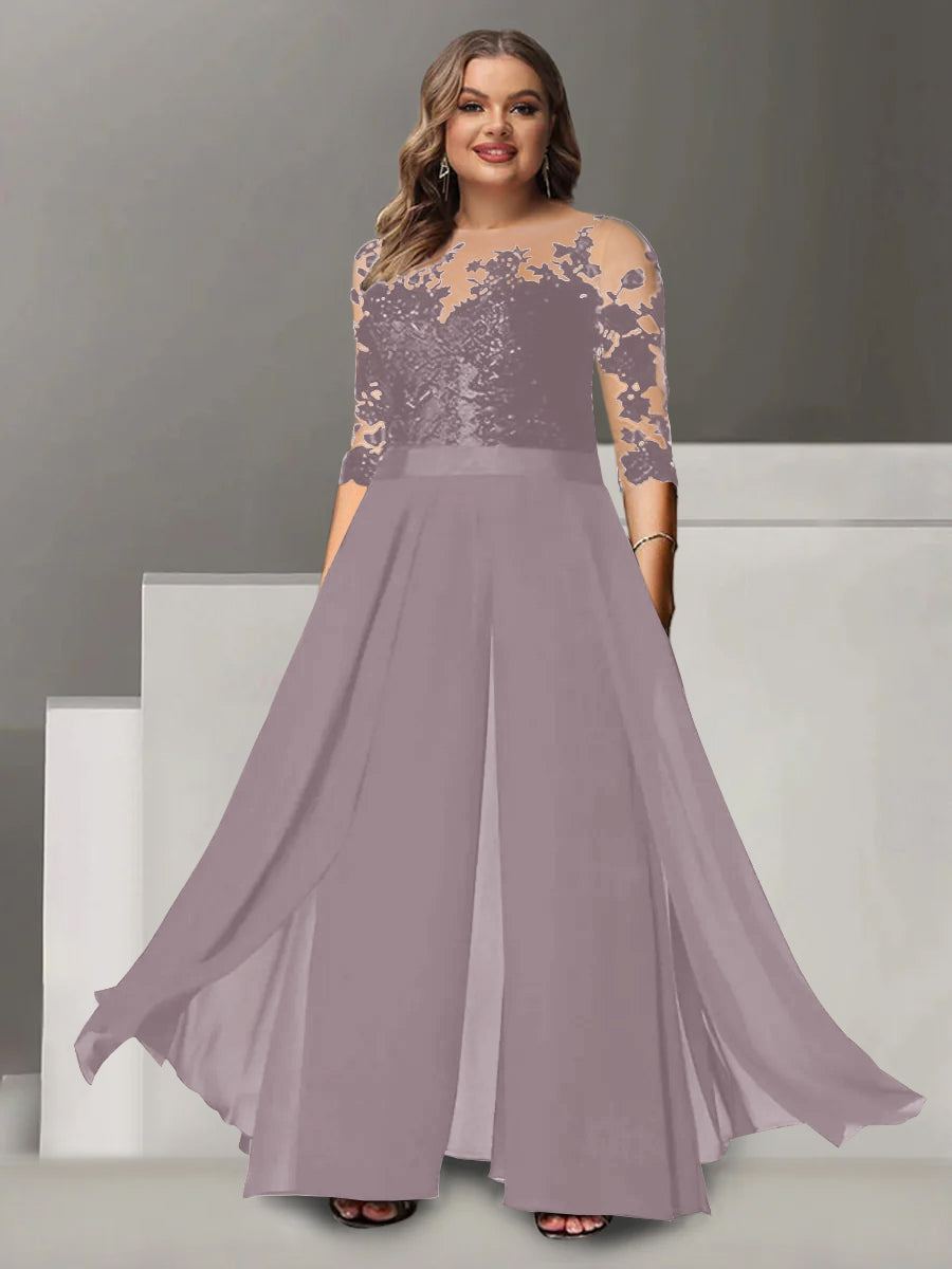 A Line Long Plus Size Mother of the Bride Pantsuit with Applique and 3/4 Sleeves Jewel Neck