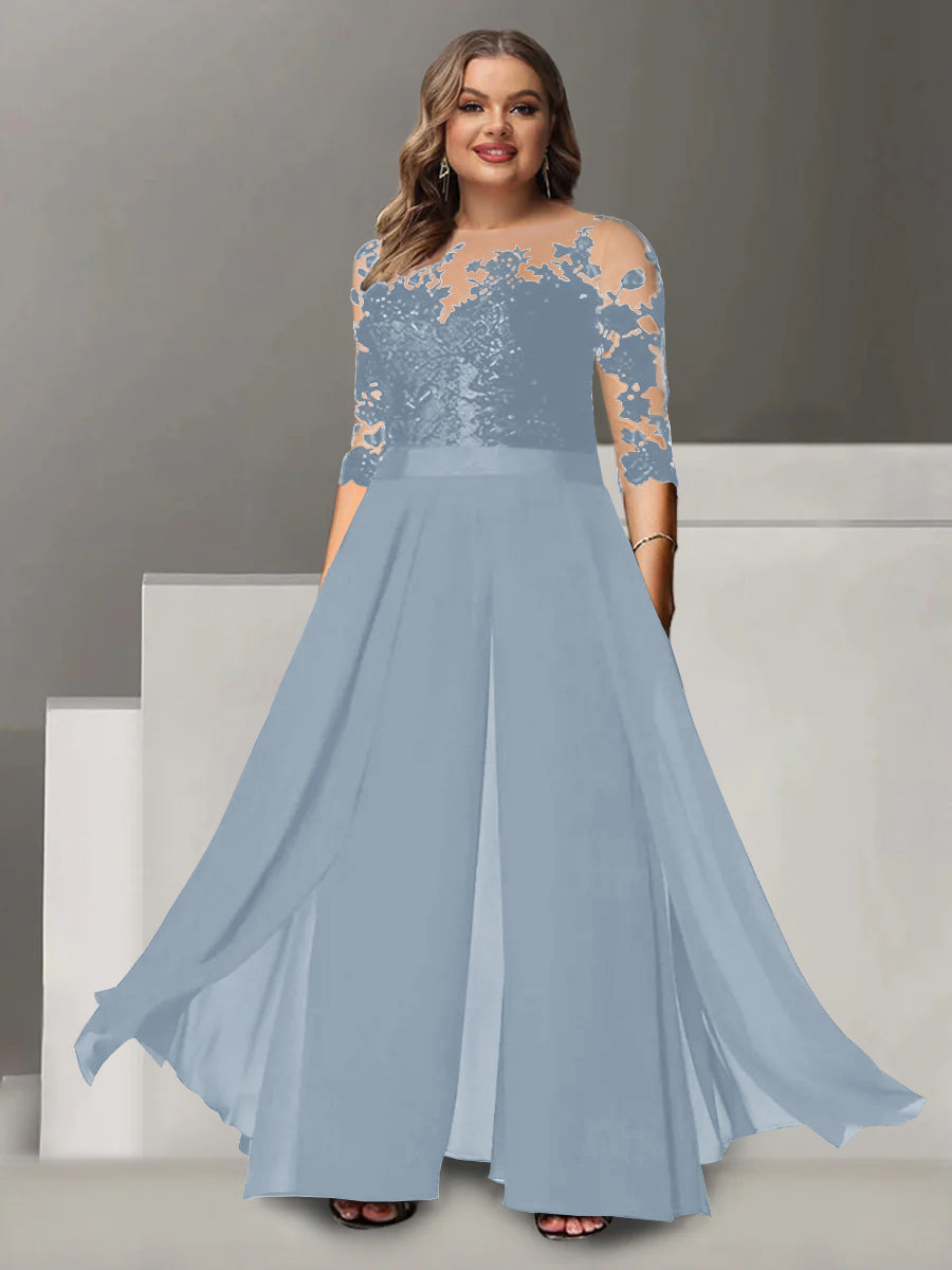 A Line Long Plus Size Mother of the Bride Pantsuit with Applique and 3/4 Sleeves Jewel Neck