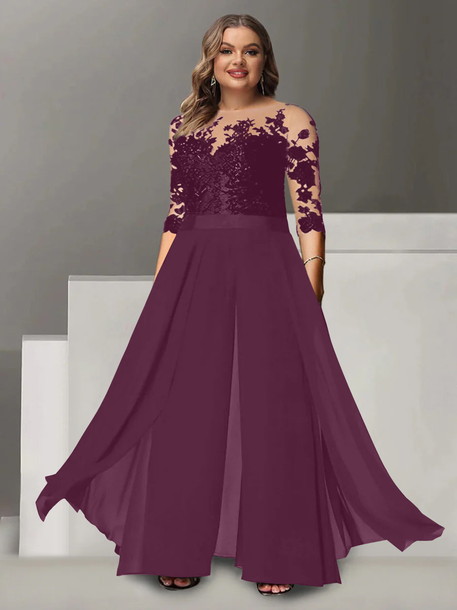 A Line Long Plus Size Mother of the Bride Pantsuit with Applique and 3/4 Sleeves Jewel Neck