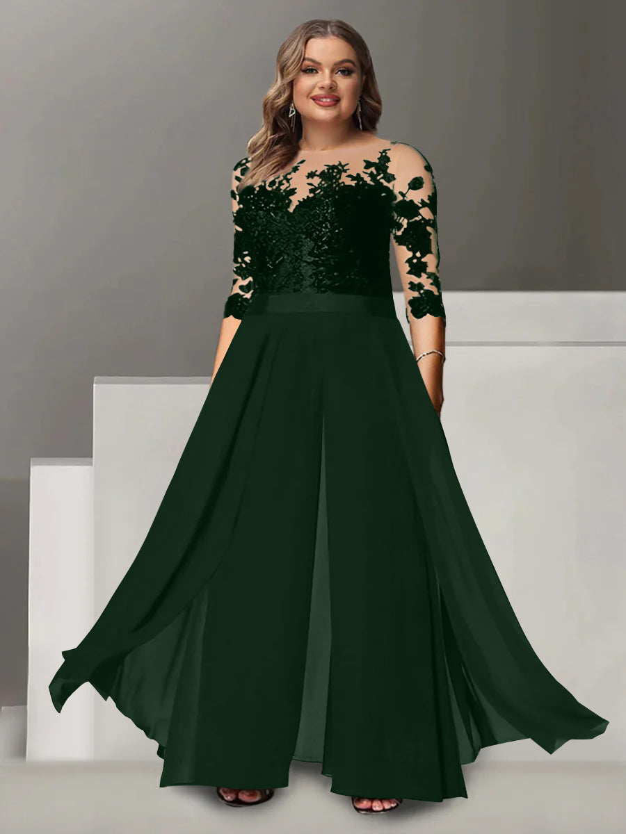 A Line Long Plus Size Mother of the Bride Pantsuit with Applique and 3/4 Sleeves Jewel Neck
