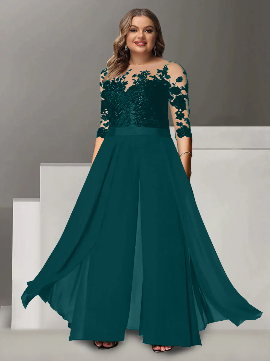 A Line Long Plus Size Mother of the Bride Pantsuit with Applique and 3/4 Sleeves Jewel Neck