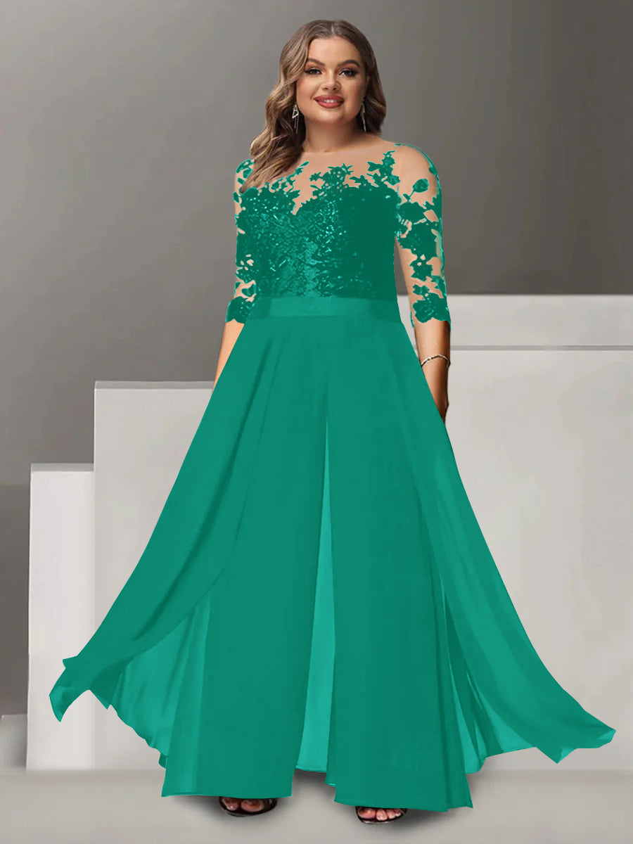 A Line Long Plus Size Mother of the Bride Pantsuit with Applique and 3/4 Sleeves Jewel Neck