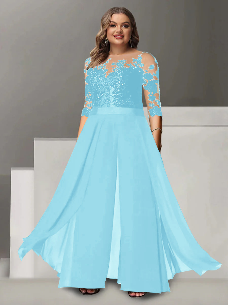 A Line Long Plus Size Mother of the Bride Pantsuit with Applique and 3/4 Sleeves Jewel Neck
