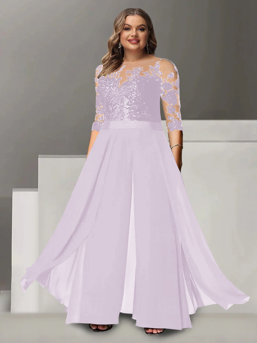 A Line Long Plus Size Mother of the Bride Pantsuit with Applique and 3/4 Sleeves Jewel Neck