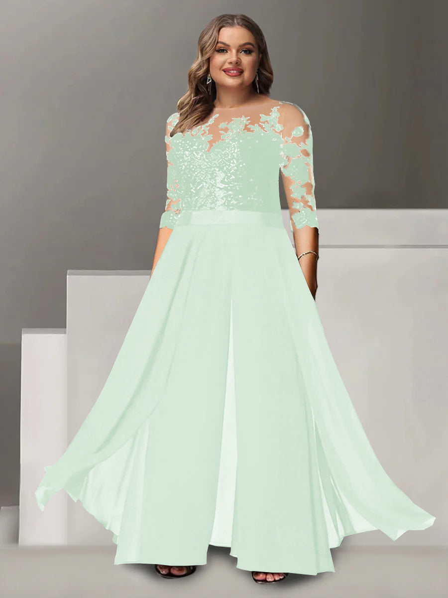 A Line Long Plus Size Mother of the Bride Pantsuit with Applique and 3/4 Sleeves Jewel Neck