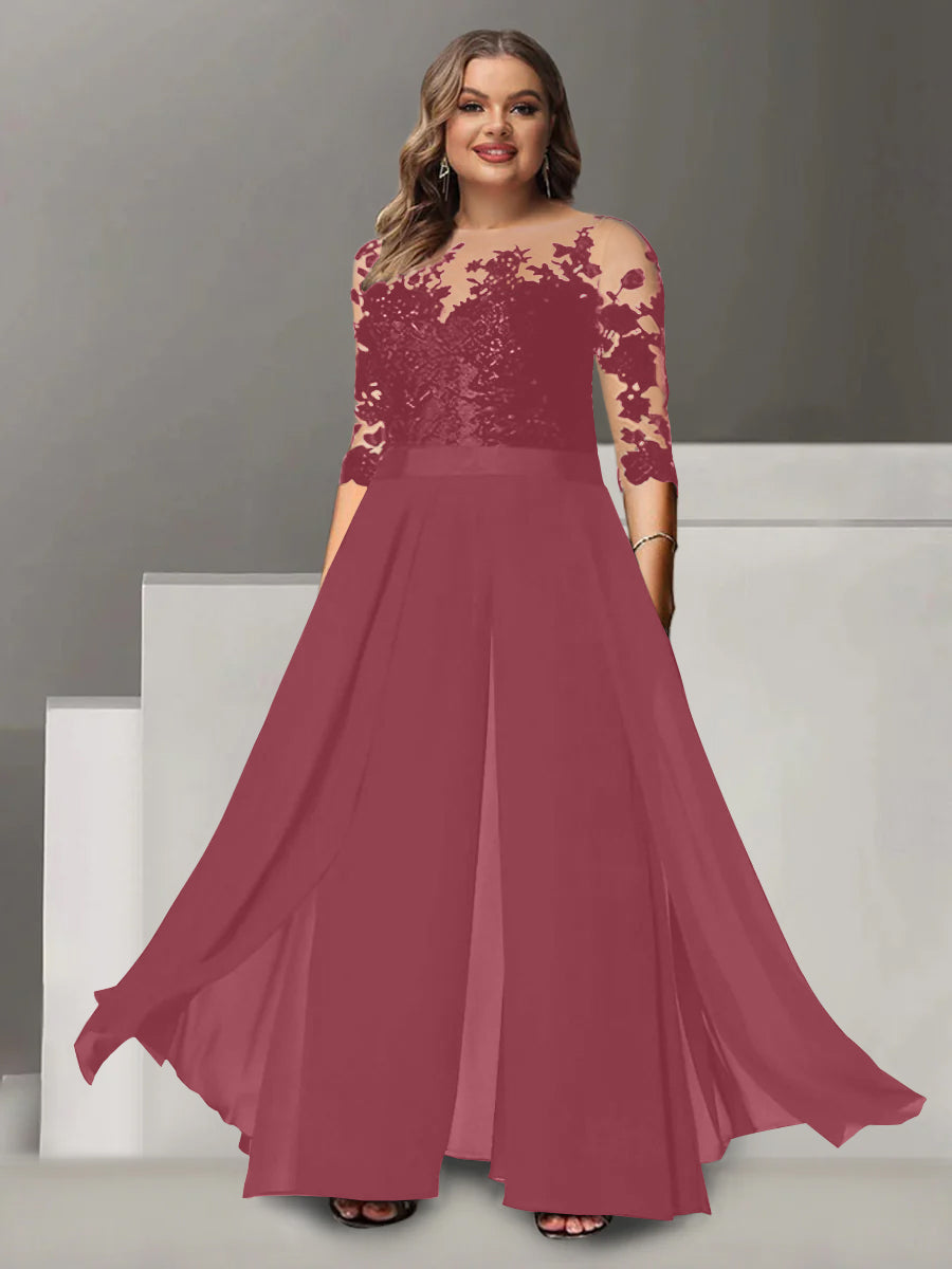 A Line Long Plus Size Mother of the Bride Pantsuit with Applique and 3/4 Sleeves Jewel Neck