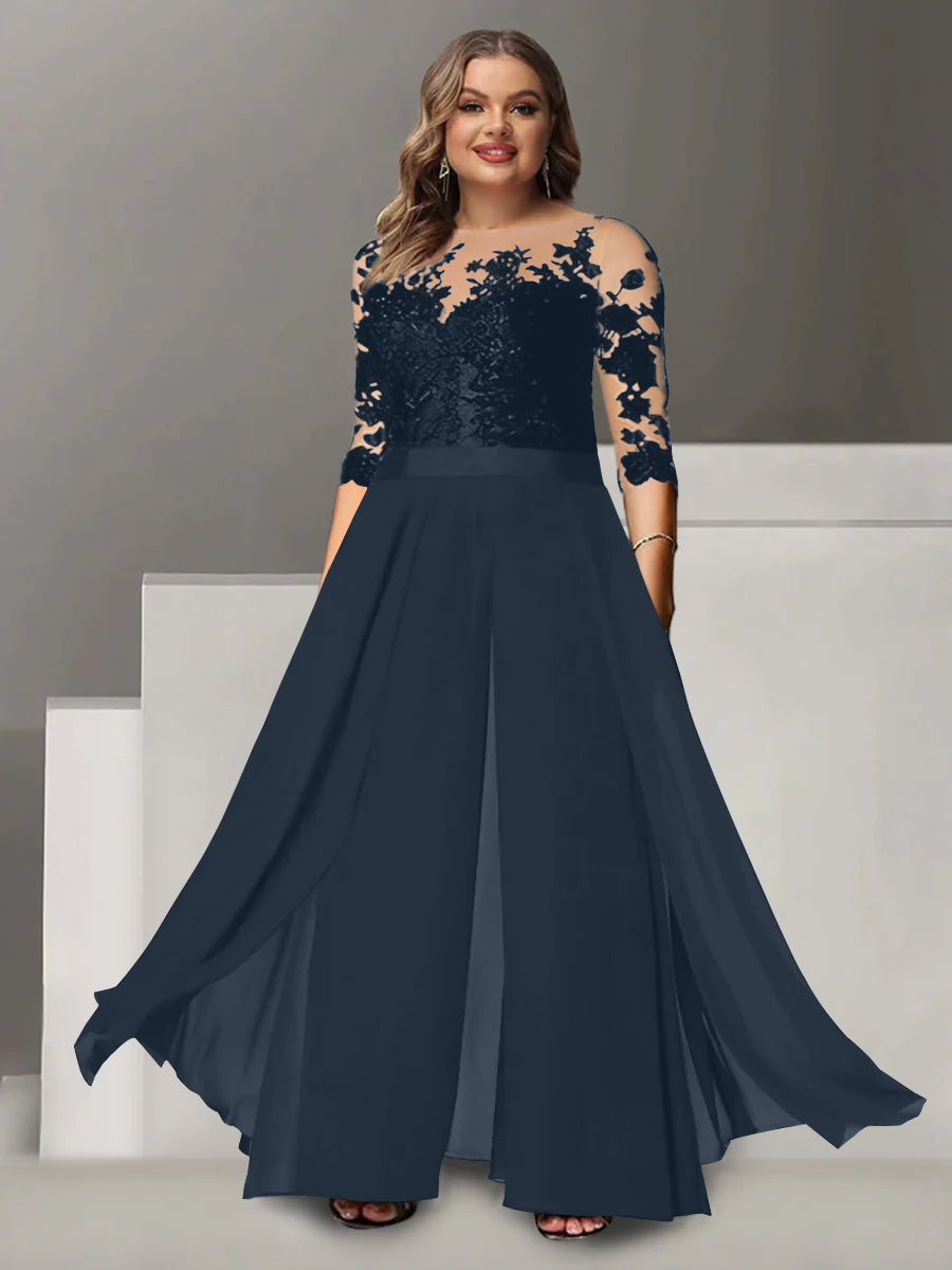 A Line Long Plus Size Mother of the Bride Pantsuit with Applique and 3/4 Sleeves Jewel Neck