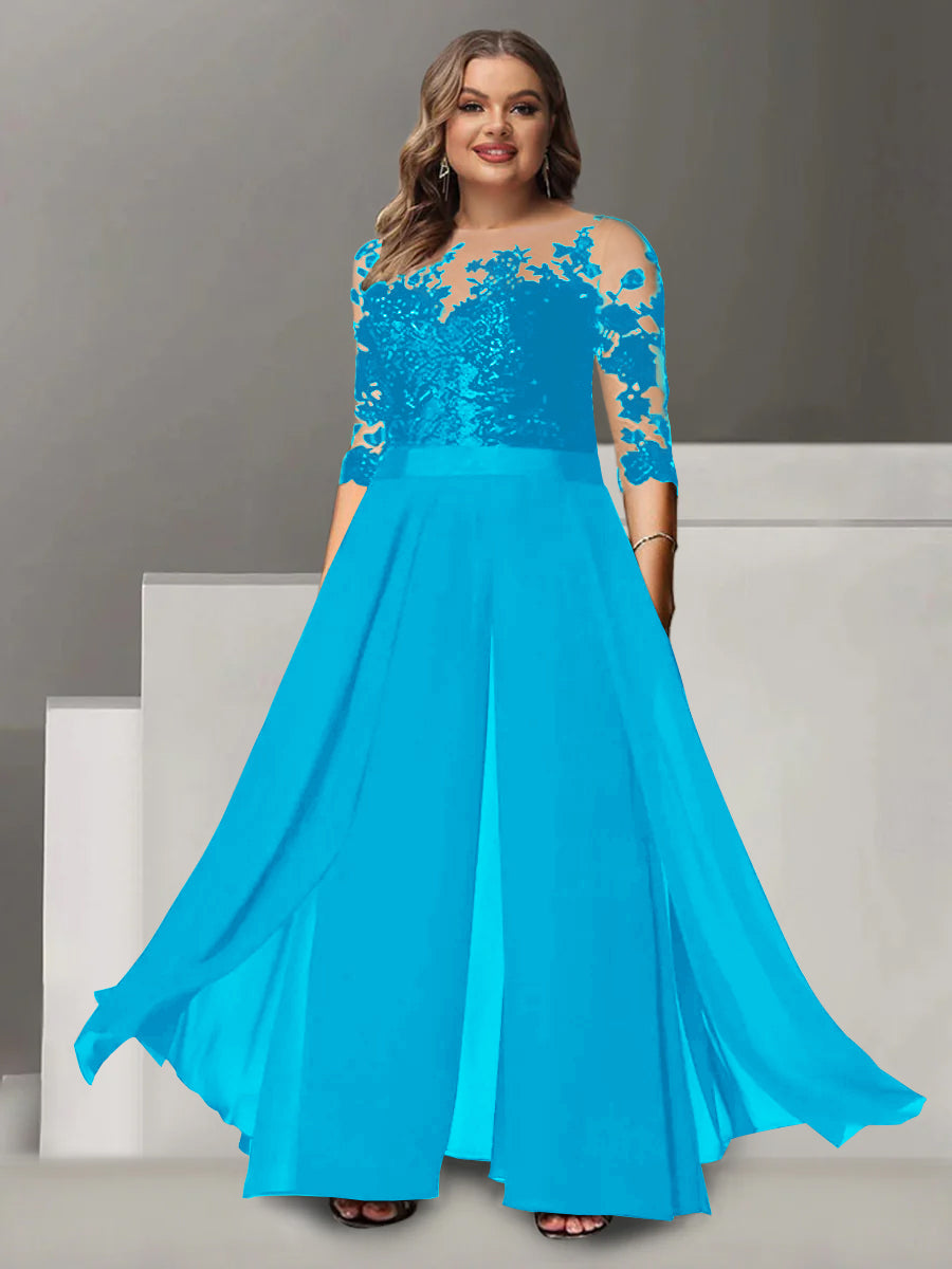A Line Long Plus Size Mother of the Bride Pantsuit with Applique and 3/4 Sleeves Jewel Neck