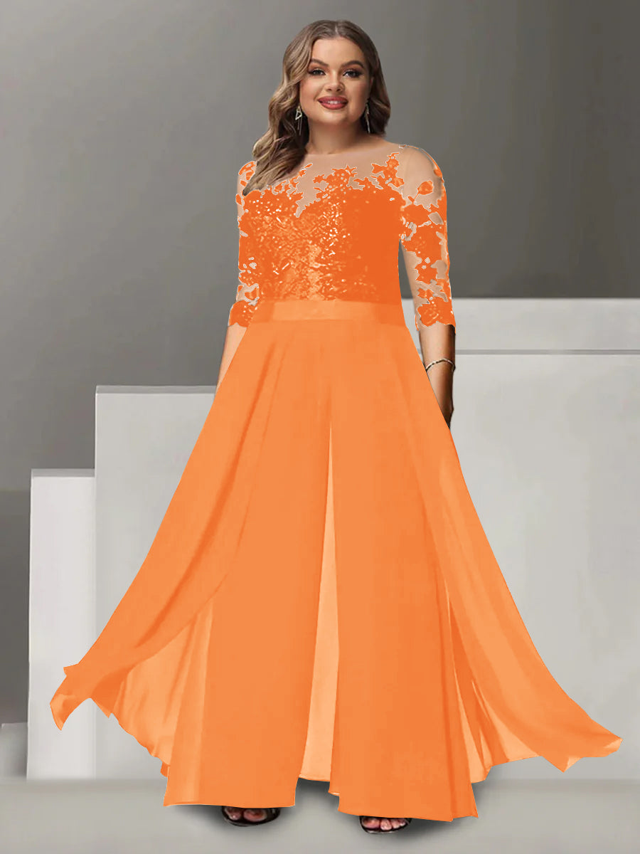 A Line Long Plus Size Mother of the Bride Pantsuit with Applique and 3/4 Sleeves Jewel Neck